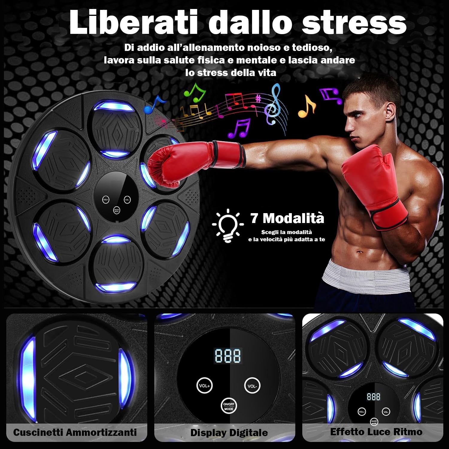 Boxing Machine Montato A Parete Con Luce Led Ricaricabile Bluetooth, Attrezzatura Allenamento da Boxe Con Guantoni