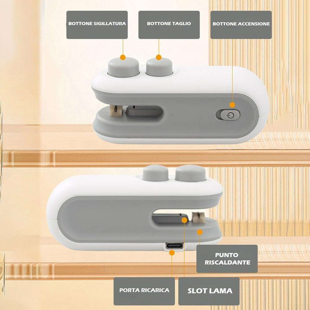(2 PEZZI) Mini Sigillatori Termici Portatile 2 in 1 (Sigilla e Taglia) Ricaricabile USB, Uso Domestico, Sigillatore Per Ogni Tipo Di Busta