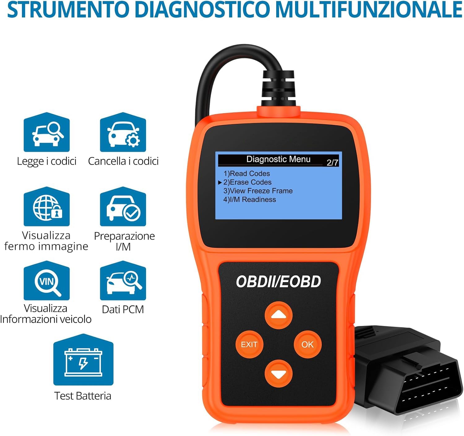 Tester Scanner, OBD2 OBDII Dispositivo Diagnostica Auto, Lettura dei codici Scanner con definizione DTC, Multilingue Strumento Diagnostica Autoveicoli