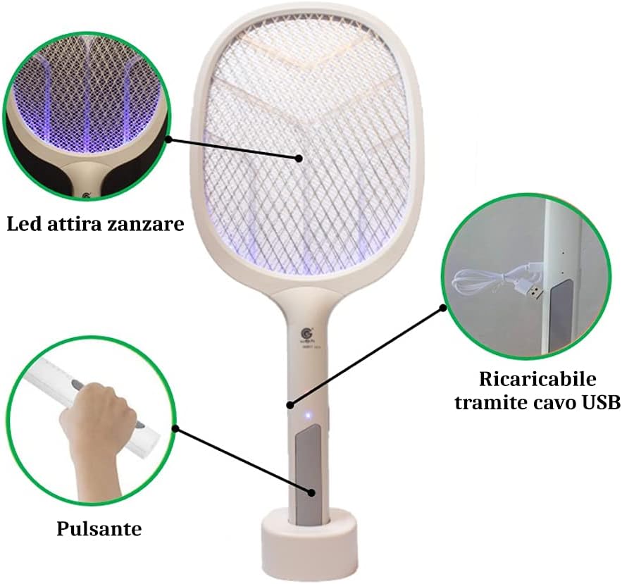(2 Pezzi) - Racchette Zanzare Elettriche Ricaricabili 2 in 1 Lampada Led Fulmina Insetti