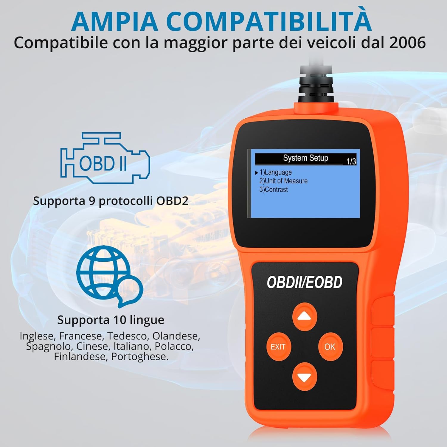 Tester Scanner, OBD2 OBDII Dispositivo Diagnostica Auto, Lettura dei codici Scanner con definizione DTC, Multilingue Strumento Diagnostica Autoveicoli