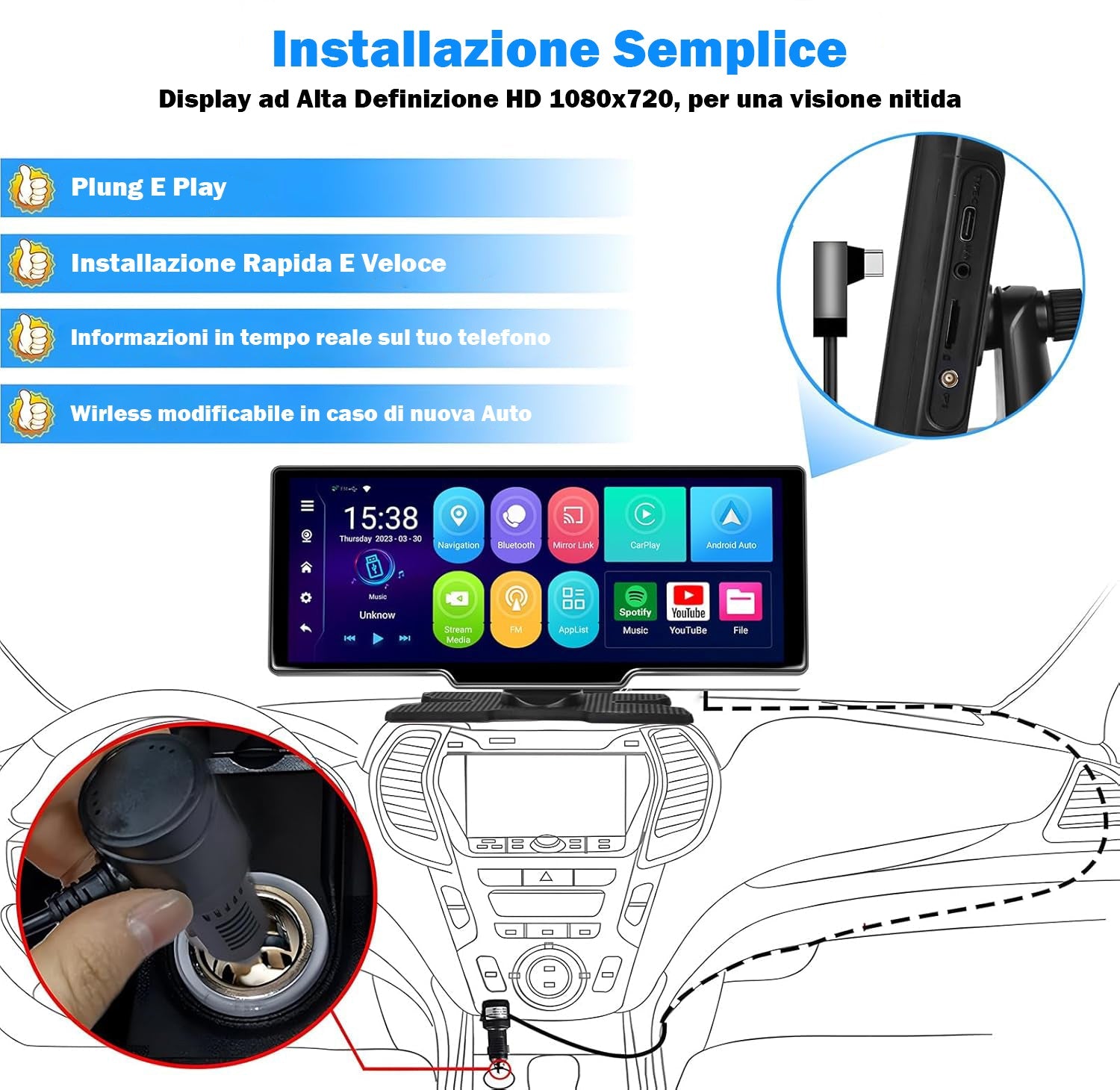 Autoradio Wireless Apple Carplay & Android Auto Tocuchscreen 10,26 Pollici Portatile ,7-32V Monitor con A-pple Airplay/Assistente Vocale/Bluetooth/Trasmettitore FM/AUX/TF Card