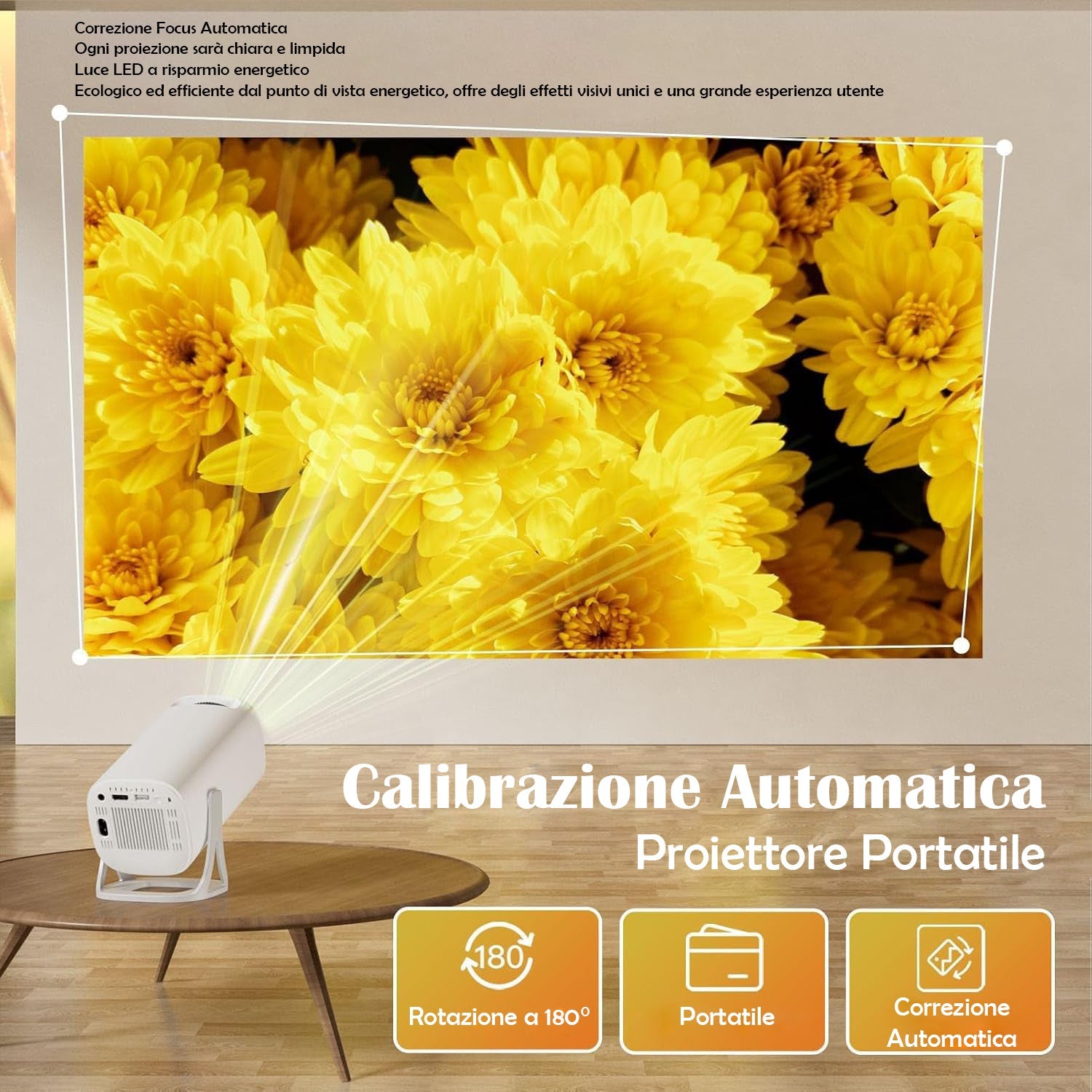 Mini Proiettore Portatile, 1080P Full HD 60fps Supportato, Correzione Trapezoidale Automatica, WiFi6 + Bluetooth 5.0, Proiettore per Esterni, Operativo Android 11.0 (Spina europea)
