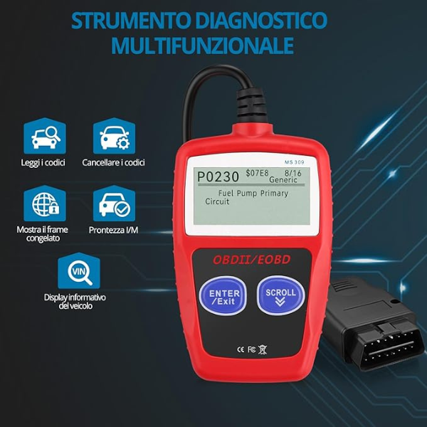 Tester OBD2 Scanner, OBDII 2 Bottoni Dispositivo Diagnostica Auto, Lettura dei codici Scanner con definizione DTC, Multilingue Strumento Diagnostica Autoveicoli