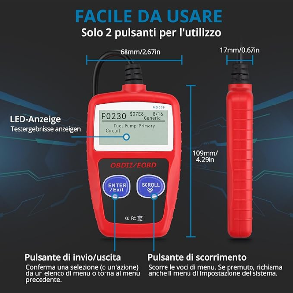 Tester OBD2 Scanner, OBDII 2 Bottoni Dispositivo Diagnostica Auto, Lettura dei codici Scanner con definizione DTC, Multilingue Strumento Diagnostica Autoveicoli
