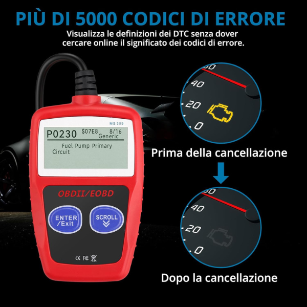 Tester OBD2 Scanner, OBDII 2 Bottoni Dispositivo Diagnostica Auto, Lettura dei codici Scanner con definizione DTC, Multilingue Strumento Diagnostica Autoveicoli