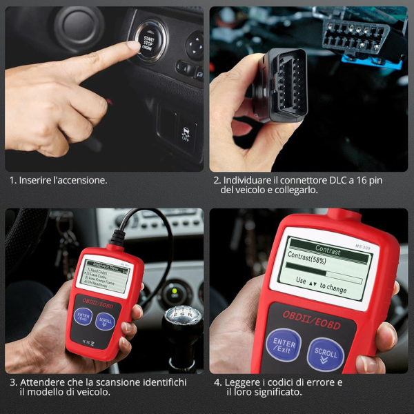 Tester OBD2 Scanner, OBDII 2 Bottoni Dispositivo Diagnostica Auto, Lettura dei codici Scanner con definizione DTC, Multilingue Strumento Diagnostica Autoveicoli