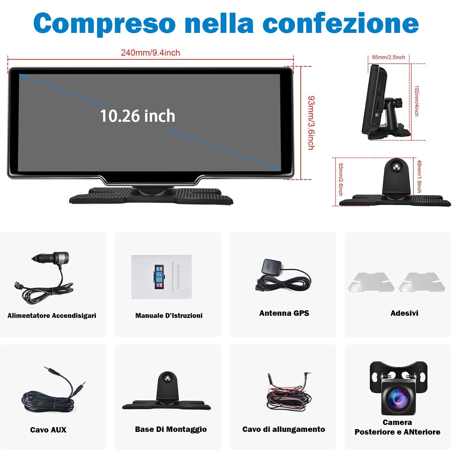Autoradio Wireless Apple Carplay & Android Auto Tocuchscreen 10,26 Pollici Portatile ，7-32V Monitor con A-pple Airplay/Assistente Vocale/Bluetooth/Trasmettitore FM/AUX/TF Card