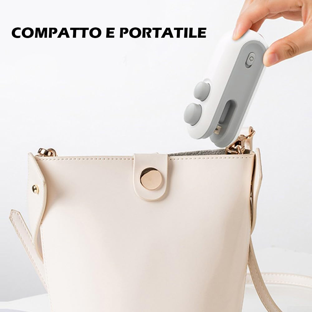 (2 PEZZI) Mini Sigillatori Termici Portatile 2 in 1 (Sigilla e Taglia) Ricaricabile USB, Uso Domestico, Sigillatore Per Ogni Tipo Di Busta