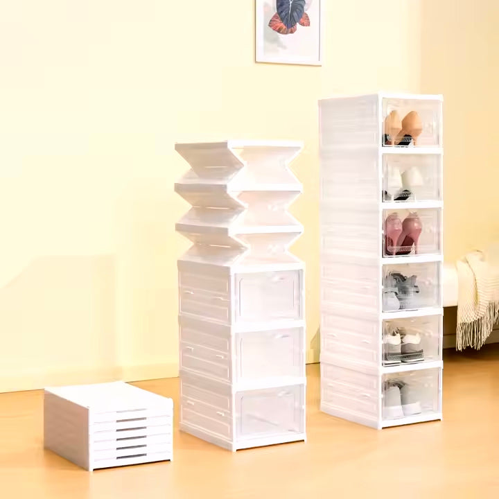 Scatole per Scarpe, Set di 6 Organizzatori Porta Scarpe Impilabili, Scarpiera Pieghevole e Componibile, per fino alla Taglia 46, Assemblaggio 60s